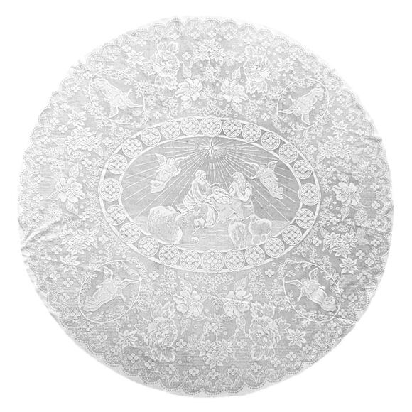 Round White Lace Tablecloth Nativity Scene 70 Inch Intricate Weave Polyester - Picture 4 of 7